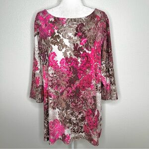 Susan Graver Womens Beige & Pink Patterned Velvet Stretch Blouse Top Size 2X EUC